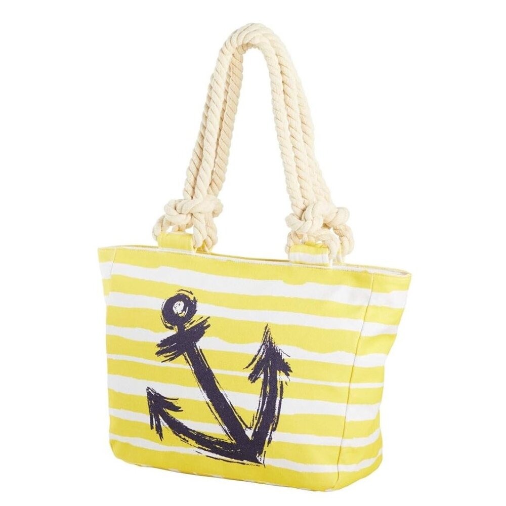Beachcomber Bright Yellow & Navy Blue Anchor Nautical Zippered Tote Bag Purse